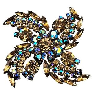 Vintage Beau Geste Brooch Rare HTF Aurora Borealis Topaz Rhinestones Jewelry